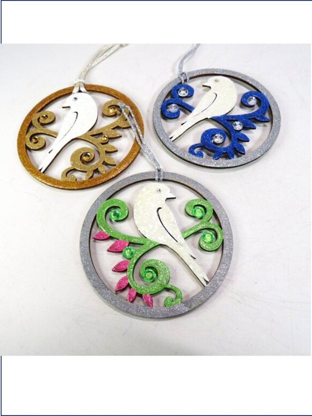 Glitter White Bird Wood Ornaments Double Sided Christmas Hanging Decor Set of 3